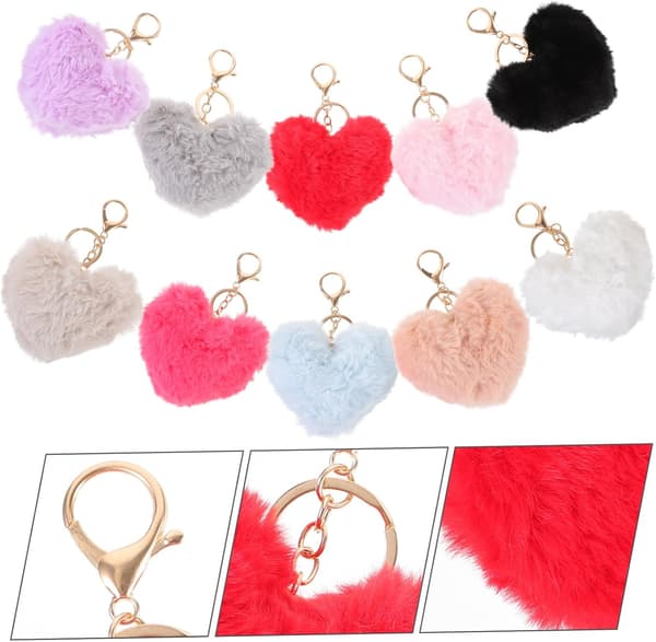 10 stk. hjerteformede pompom-nøgleringe, nøglering i imiteret kaninpels til kvinder, bløde, fluffy håndtasketilbehør