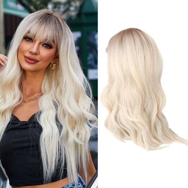 Gradient blond brun lang krøllet paryk til kvinder varmebestandig syntetisk paryk med pandehår til cosplay-fest