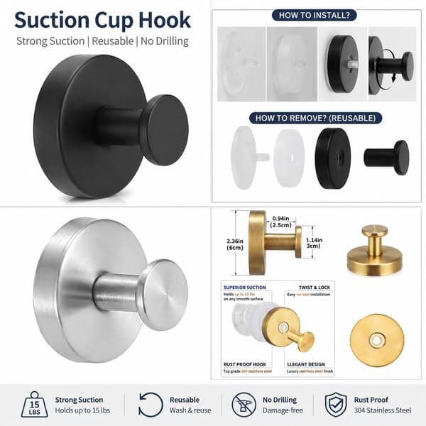 Stainless Steel Suction Cup Hook, No Drilling, Traceless, for Kitchen Bathroom, Silver, 1-Pack