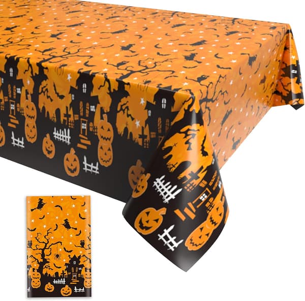 Halloween dug, orange uhyggelig græskar rektangulær plastik dug, 130 x 220 cm, stor hal