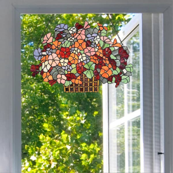 Färgglad blomkorg i målat glas, fönsterpanel, hängare, glaspaneldekor för hemgåva A A