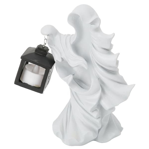 LED Halloween-harpiksornament i form av hekseskulptur med lykt