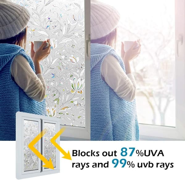 Privacy Film Static Cling Frosted Decorative Tulip Pattern UV Blocking for Home Bedroom Kitchen 30x200cm