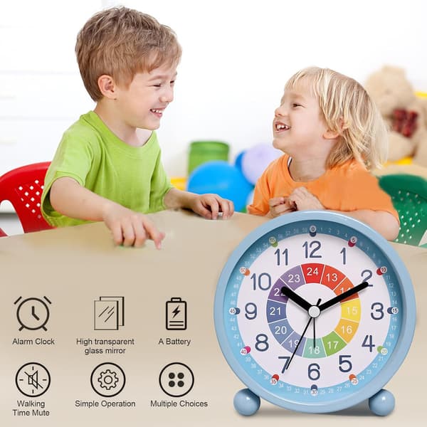 Cartoon Theme Kids Early Learning Alarm Clock, Silent Luminous Desk Clock with Analog Hands, Quartz, Blue Blue Blue