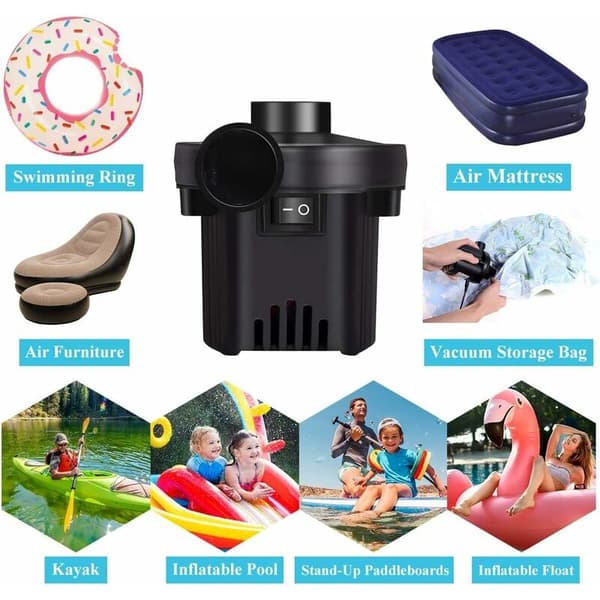Electric Air Pump, 2-in-1 Inflatable Mattress Pump and Deflator, Pump with 3 Nozzles (Power Supply + Cigarette Lighter Socket)