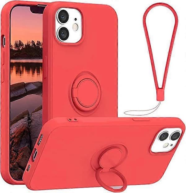 Silicone Ring Holder Phone Case for iPhone 12 mini, 360 Mount Protection with Hand Strap, Magnetic Car Mount Support Red