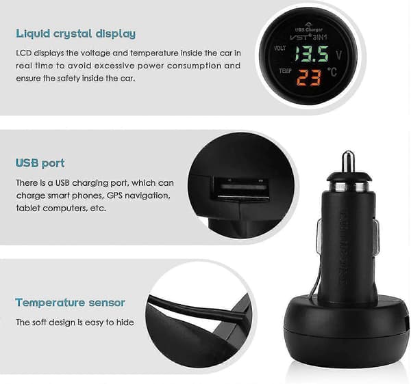 Bilvoltmeter, 3 i 1 12-24v Biltermometer Bil USB-oplader Voltmeter med LCD Digital Display Panel Temperaturtester Spændingsmåler til Biler
