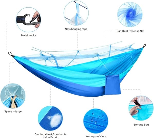 Hammock with Mosquito Net, Blue Double Camping Hammock, Mosquito