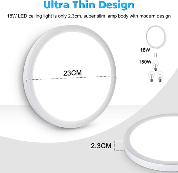 18W LED Ceiling Light, 2000LM Daylight White 5000K Round Ceiling Lamps Ø 23cm White, Waterproof IP44, Flush Mount Ceiling Light for Living Room, Bedroom
