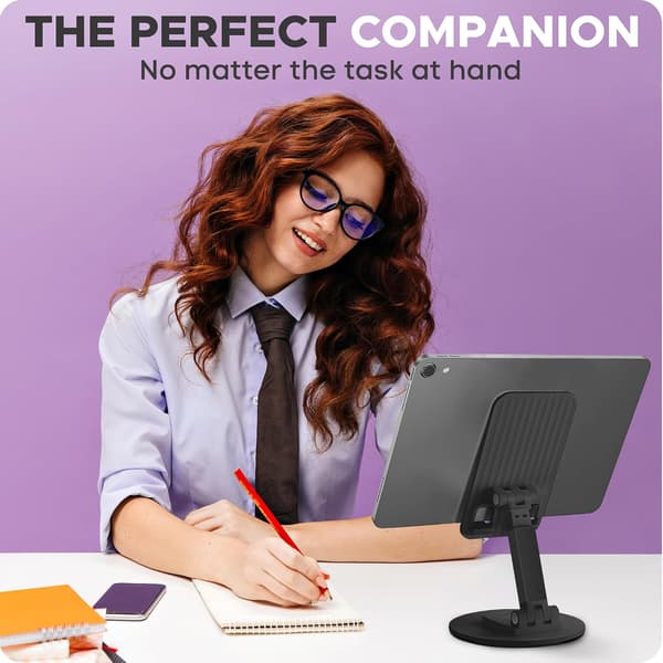 Foldable Desktop Mobile Phone Holder with 360° Rotating Base – Phone Stand Compatible with All iPhone and Android Smartphones (Black)