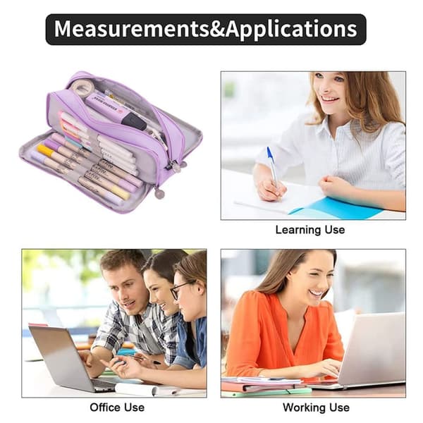 Large Pencil Case with 3 Compartments and Large Capacity, Purple