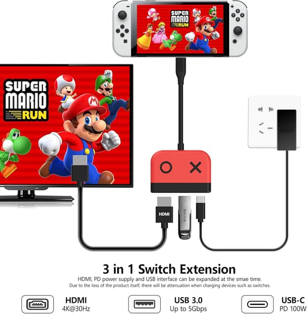 (Punainen) Switch-telakka Nintendo Switch OLED:lle, 3-in-1 TV-sovitin