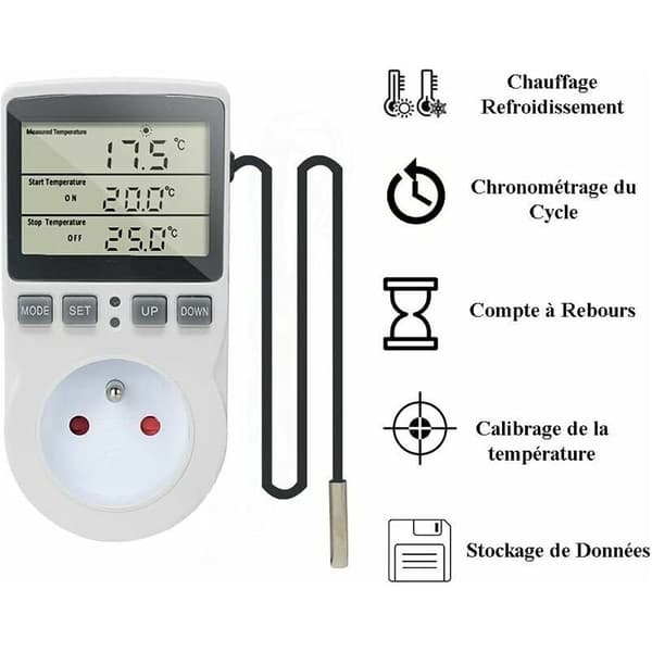 Thermostat Plug, Temperature Controller, Heating and Cooling Thermostat, Digital Thermostat Controller with Probe, LCD Temperature Control Plug