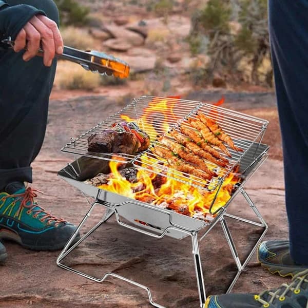 Bærbar sammenklappelig grill, kulgrill i rustfrit stål til campingture og picnic, sølv 36 x 20 x 5 cm