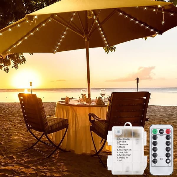 Waterproof 104 LED Battery Operated Umbrella Lights with Remote Control, 8 Lighting Modes (Warm White)