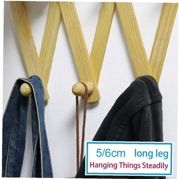 Natural Wood Wall Mounted Expandable Accordion Coat Rack Hook K
