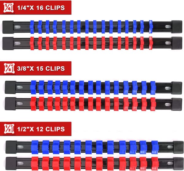6 stk. ABS Topnøgleorganisator, 1/4-tomme, 3/8-tomme, 1/2-tomme, Topnøgleholder af Premiumkvalitet (6-delt sæt, Blå & Rød)