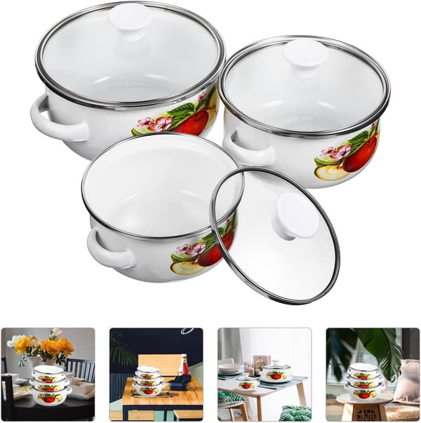 3 Pcs Small Enamel Pots, Flat Bottom Cookware, Enamel, Lightweight, One-Handed