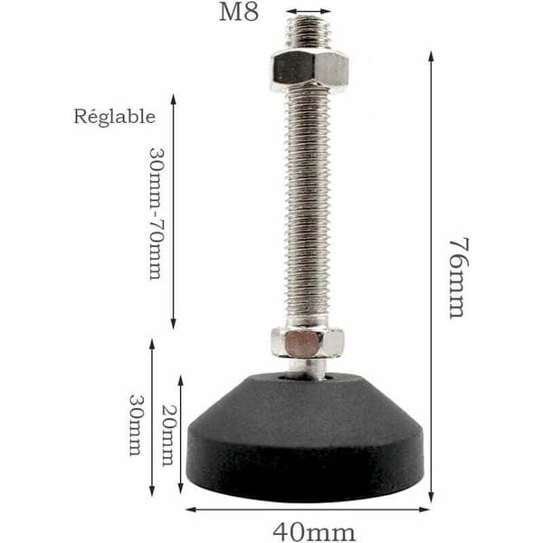 6-pack Universal Adjustable Silicone Feet D40 × M8 × 50 M8 Swivel Base Articulated Nylon Threaded Glide Pads Table Legs KLB