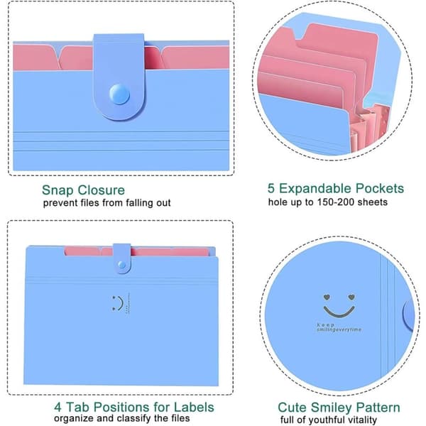 Stk A4-perm Dokumentmappe 5 rom med knappelukking, Skolemateriellmappe, Candy Colors-