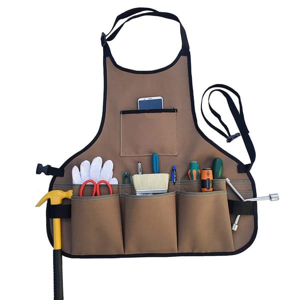 Garden Apron with Pockets, Oxford Work Apron, Adjustable Protective Apron for Garden Tools, Brown, 58X60CM