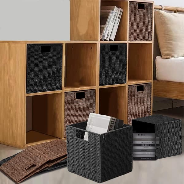 Storage Baskets, Hand-Woven Cube-Shaped Wicker Basket 28cm, Large Foldable Hyacinth Paper Basket with Handles, Decorative Basket (Black)