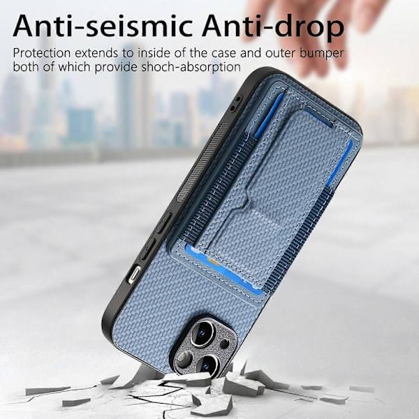 For iPhone 15 Karbonfiber Sammenleggbart Stativ Elastisk Kortlomme Telefondeksel