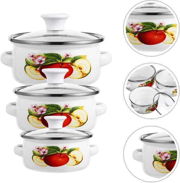 3 Pcs Small Enamel Pots, Flat Bottom Cookware, Enamel, Lightweight, One-Handed