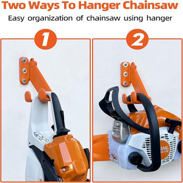 Wall-mounted bracket for brush cutter. Optimized storage for garden tools. Rust-resistant coating. Compatible with chainsaws and hedge trimmers.