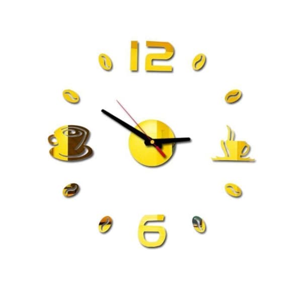 Silver Giant Frameless Wall Clock for Cafe, Large Size, Modern Design, Coffee Bean Cup, De[DB]