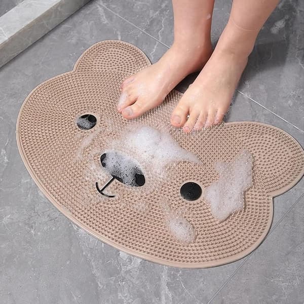 Exfoliating Foot Scrubber for Shower Use, Non-Slip Bathroom Mat, Shower Floor Mat, Khaki with Cute Pattern