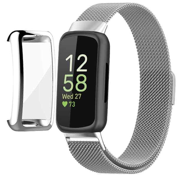 Meshrem i rustfrit stål med etui, magnetisk lås, skærmbeskytter sølv til Fitbit Inspire 3
