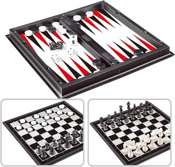 3-i-1 Schack Dam Backgammon Set, Magnetiskt Reseschack med Vikbart Fodral 9,8 Tum