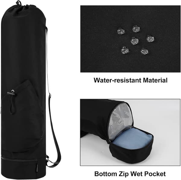 Yoga Mat Bag Large with Adjustable Shoulder Strap Pilates Bag with Bottle Holder and Moisture-Resistant Compartment, Black