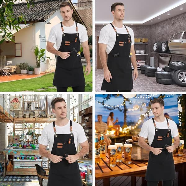 Black canvas aprons, work aprons for men and women, chef aprons with adjustable strap and 3 pockets