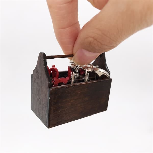 Miniature Wooden Toolbox, Dollhouse Toolbox with Tools, Mini Wood