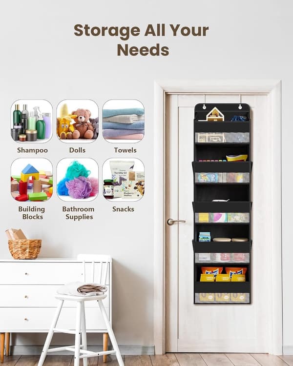 Over-the-Door Organizer, 5 Tiers with 11 Pockets, Hanging Storage, Black, 1 Piece