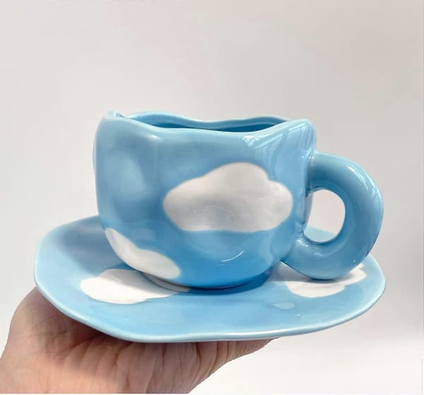 Søde Kaffekrus Tekopper og Underkop Sæt, Sky Kaffekrus Cappuccino Latte Te Mælk Kopper (Blå, Sky)