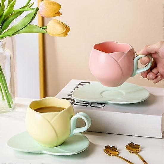 1 set ceramic tulip coffee cup with saucer, smooth surface, heat-resistant teacup for home