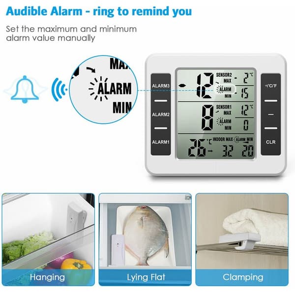 Kjøleskapstermometer, trådløst innendørs/utendørs termometer, temperatursensor med hørbar alarm, batterimåler
