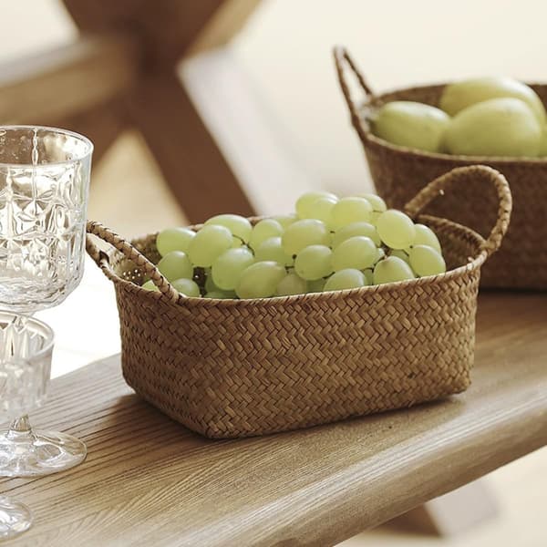 Retro Pastoral Style Storage Basket with Handle, Medium Khaki Seagrass and Iron Home Storage Organizer