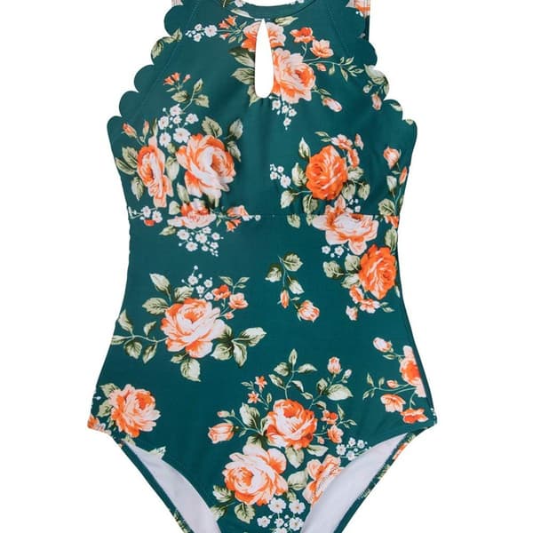 Women's Scallop Pattern Ruffle Trim Swimsuit