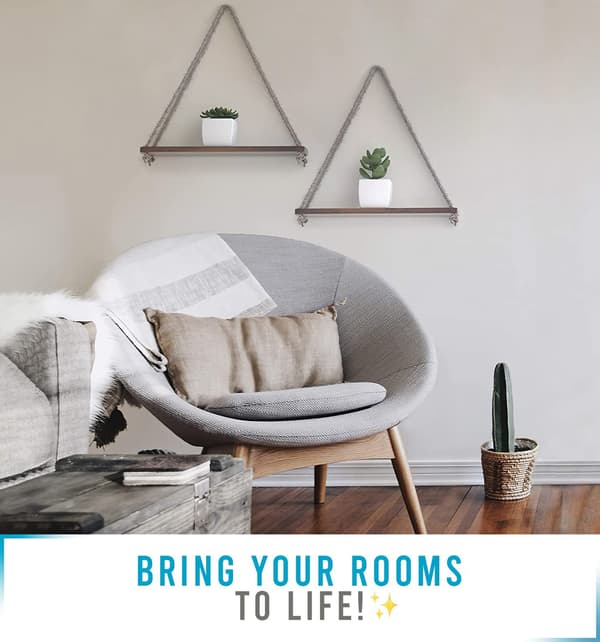 Rustic wooden hanging shelf with rope and hooks
