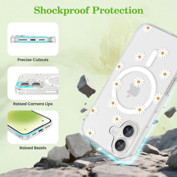 Transparent Magnetic iPhone 16 Case - Daisy Flower Design - Compatible with MagSafe Wireless Charging - Shockproof Protection
