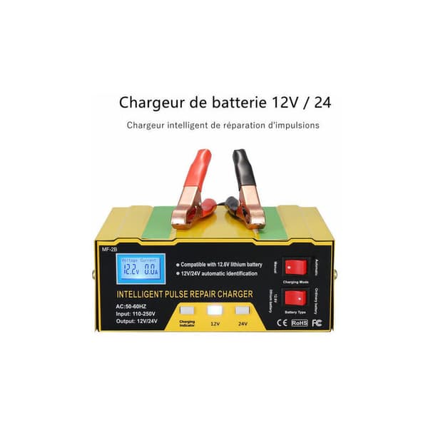 12V/24V intelligent batterioplader, pulslader med digitalt display til bilbatteri, celle, motorcykel