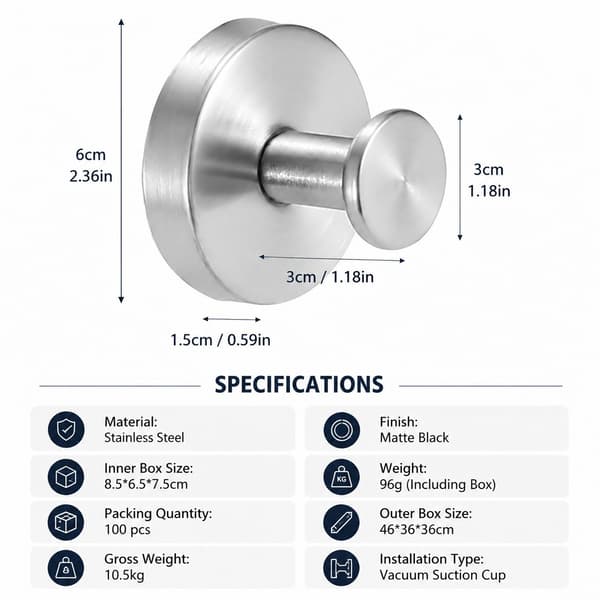 Stainless Steel Suction Cup Hook, No Drilling, Traceless, for Kitchen Bathroom, Silver, 1-Pack
