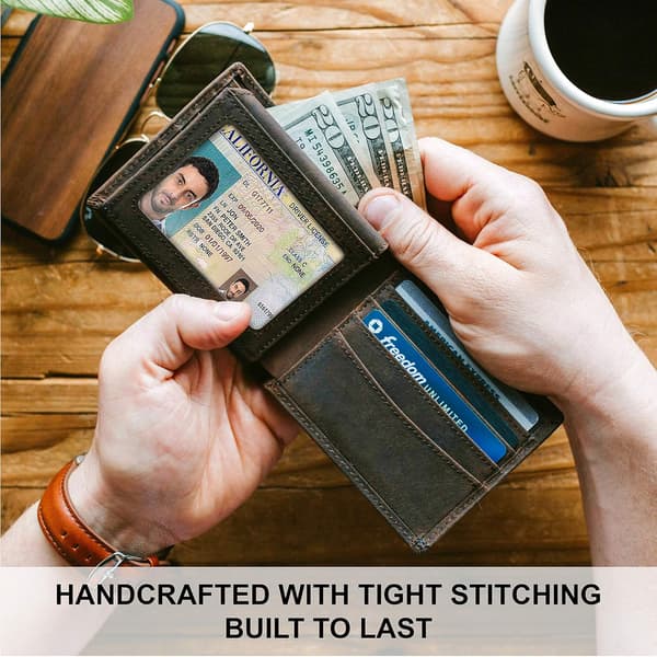 Men's Top Grain Leather Wallet | Bifold, Extra Capacity with 2 ID Windows | Extra Strong Stitching | Slim Billfold with 8 Card Slots - Brown