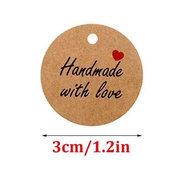 100 kpl voimapaperisia lahjalappuja, 3 cm \"Hand Made with Love\" pyöreä pa