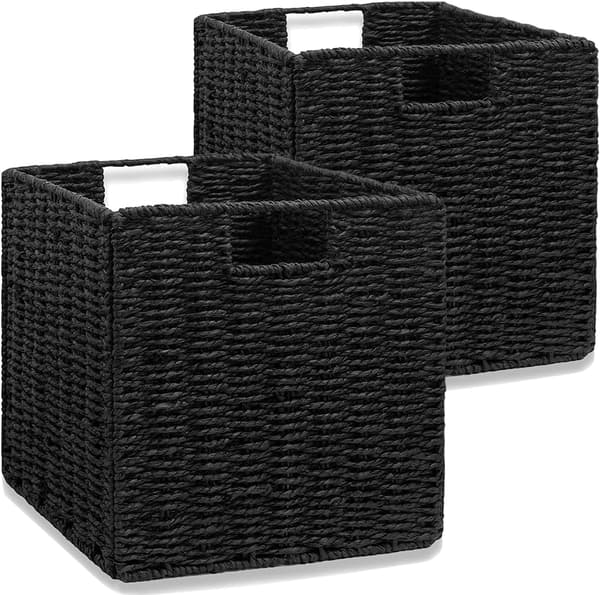 Storage Baskets, Hand-Woven Cube-Shaped Wicker Basket 28cm, Large Foldable Hyacinth Paper Basket with Handles, Decorative Basket (Black)