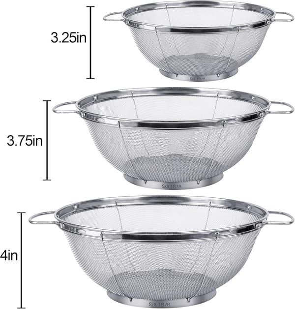 3-pack 18/8 durkslagssilar i rostfritt stål (5-Quart, 4-Quart och 3-Quart), nätkorgar med maskor